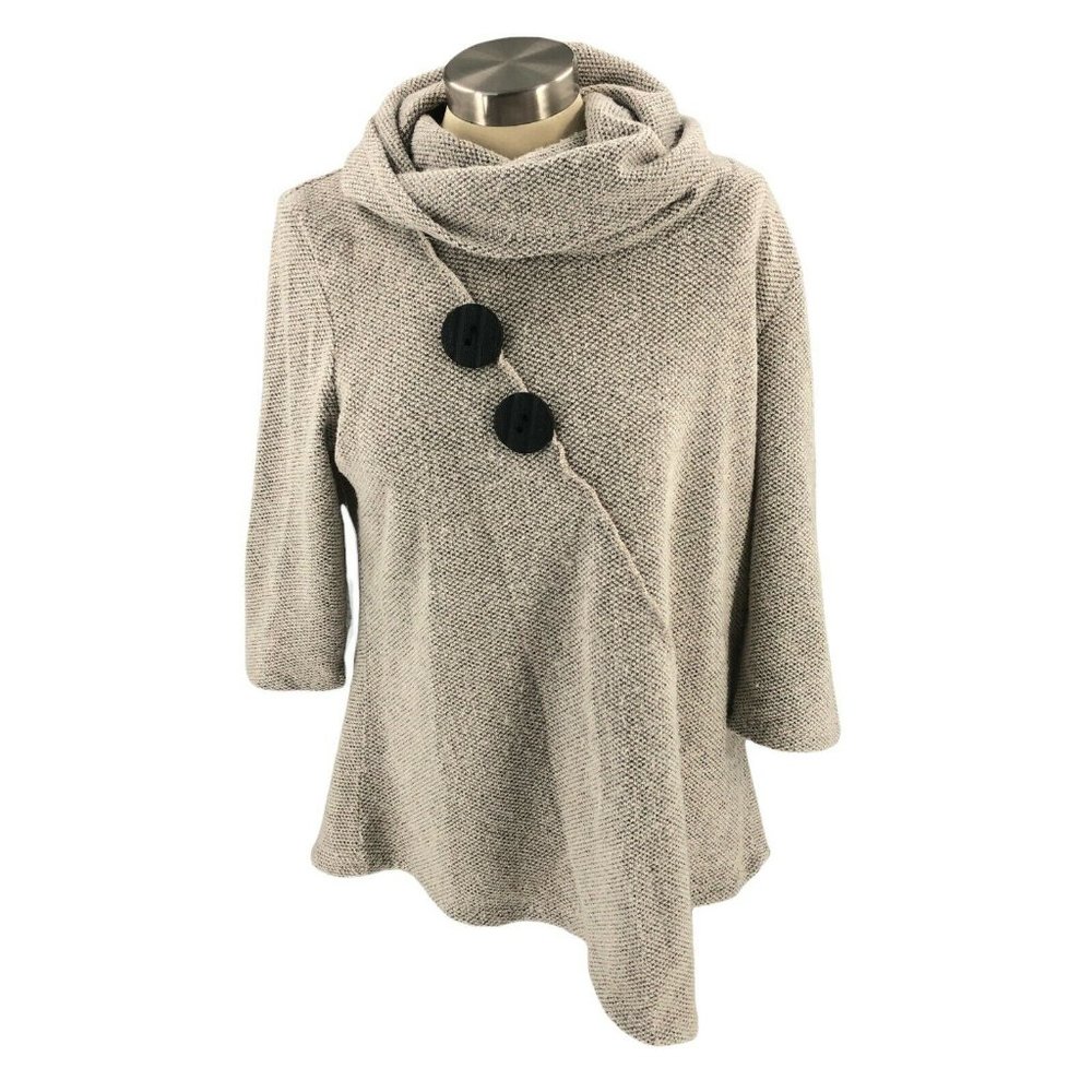 Thomas & Olivia Womens Sweater Large Beige Black Poncho 3/4 Sleeve Cowl Neck EUC